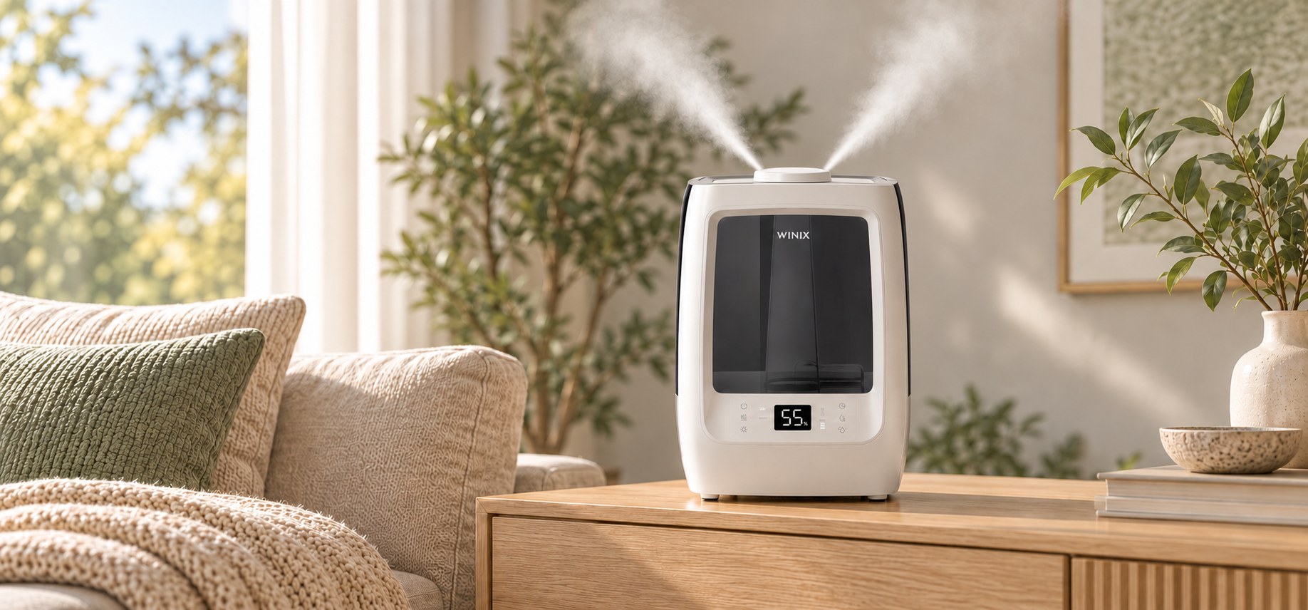 WINIX L500 luchtbevochtiger met nevel in een lichte woonkamer WINIX L500 mit der originalen zentralen Nebelkappe und zwei Nebelstrahlen.